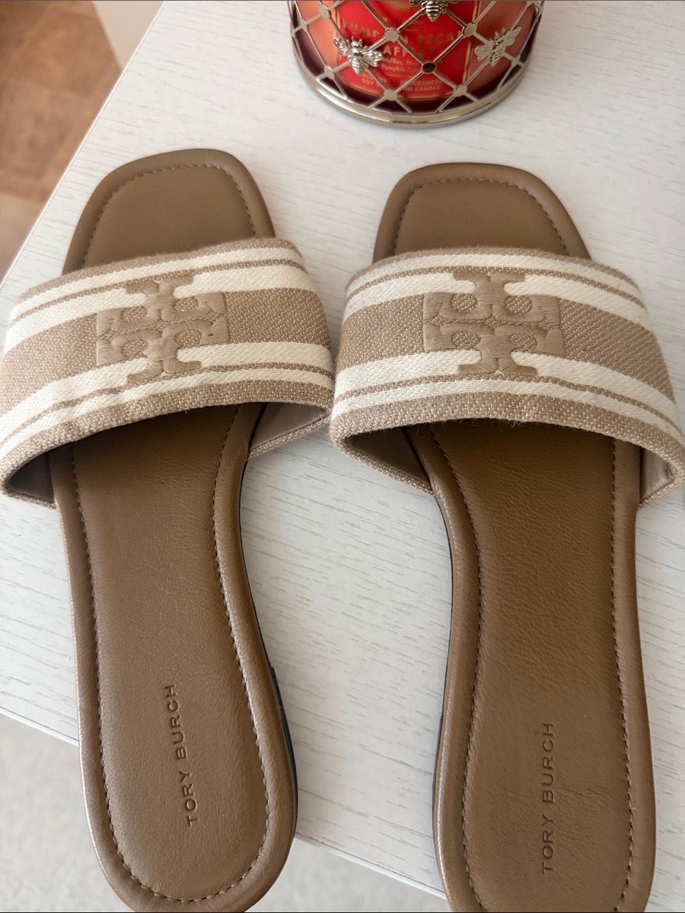 Tory Burch Beige and Cream Striped Slide Sandals